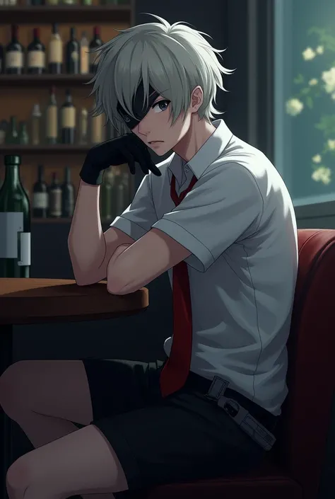 13. Pale summer boy .  shaggy black hair ,  black eyes.The left eye has a black bandage .  Wearing a short-sleeved white shirt with a red tie on the collar.  The left eye is covered by a black bandage .  Black gloves on his palms ,  black short shorts.  On...