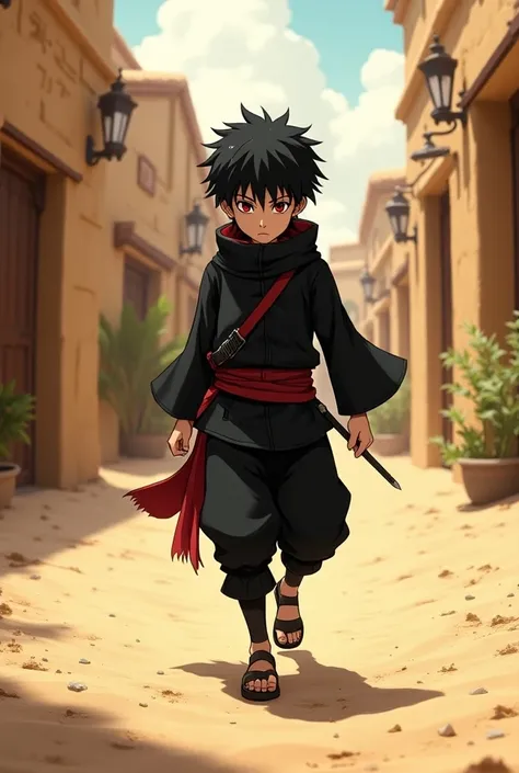 Little ninja boy with short black hair and red eyes who sneaks into the village of Suna Naruto desert