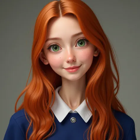 realistic british teen girl with green eyes and ginger wear blue school uniform have long hair and nice smile