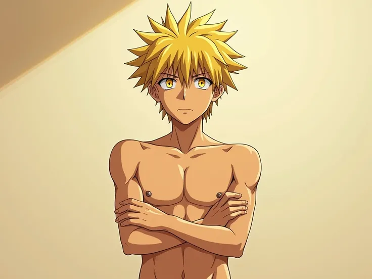 naked sixteen year old blonde haired yellow eyes male Kise Ryouta, arms folded, full body pose, lustful, hot, Kuroko No Basket,