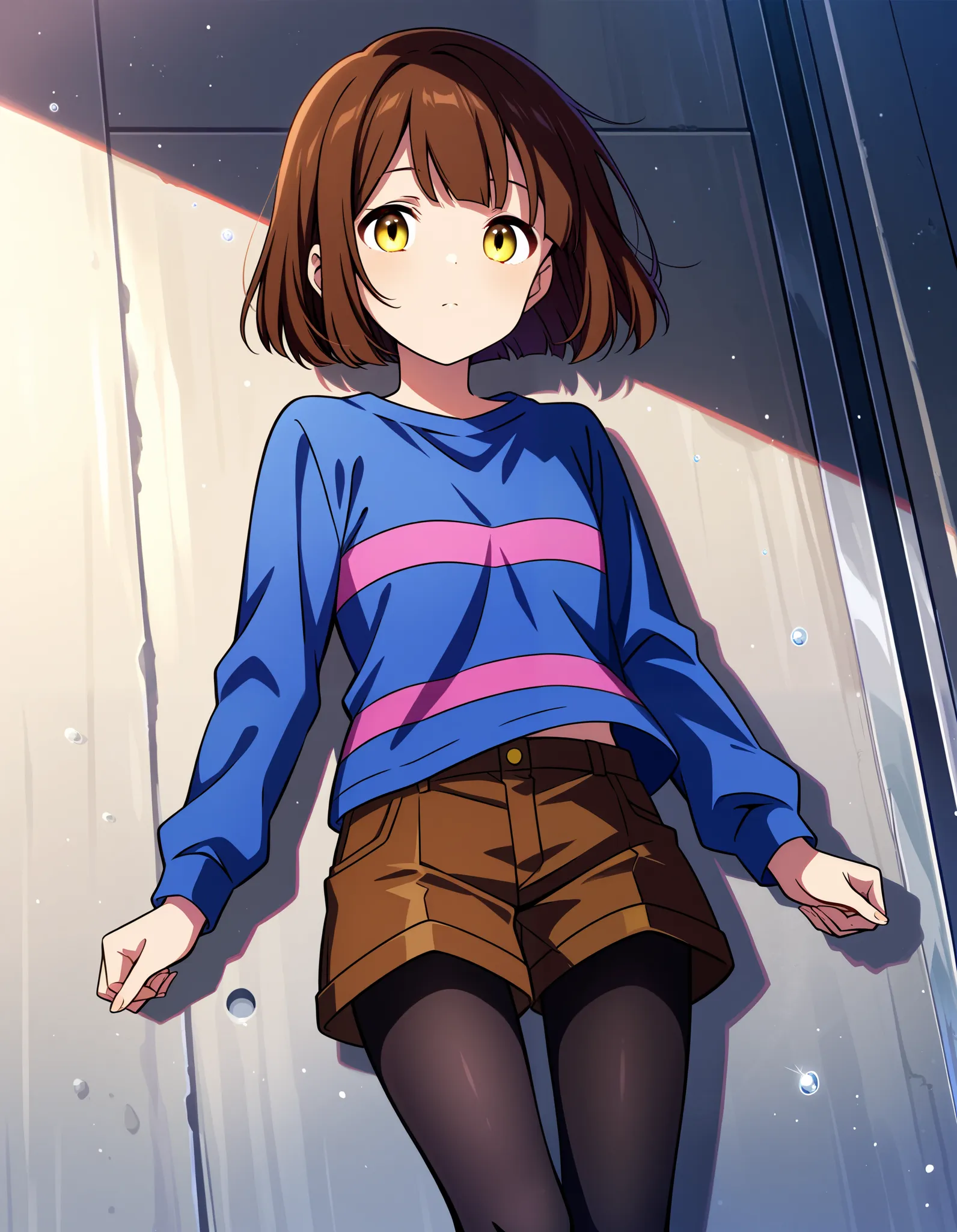 score_9, score_8_up, score_7_up, source_anime, Undertale Frisk, brown hair, brown shorts, bob cut, short hair, black pantyhose, blue shirt, yellow eyes, 1girl, solo, striped, striped shirt