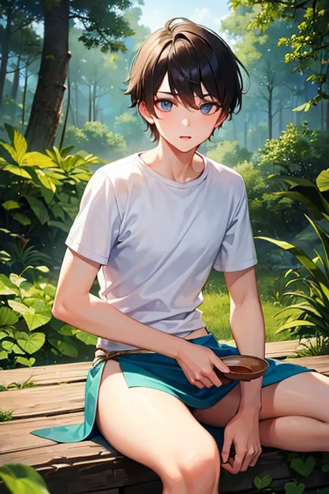 boy wearing white t-shirt and loincloth is taking a forest bath, ((beautiful detail eyes)), (teenage), ((best quality))