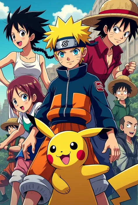 Jaimerais proposer un Club Manga dans mon périscolaire tous les jeudis. Je voudrais donc que tu générés une image détaillée et de qualité, de format A3, avec les personnages populaires des animés japonais (Naruto, Luffy, Goku, Pikachu, Frieren, et dautres ...