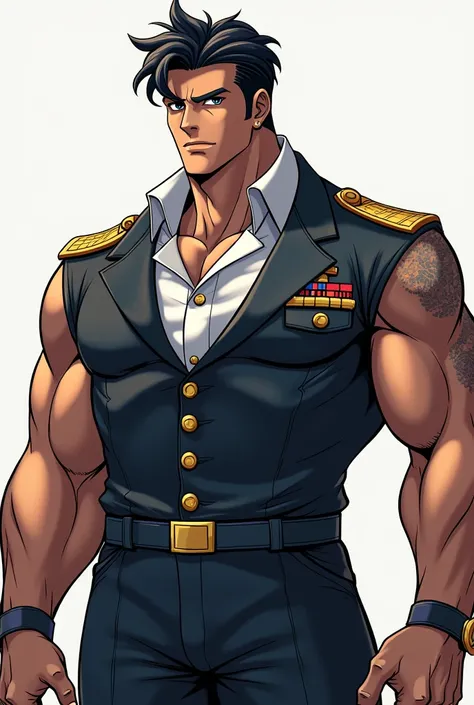 original character,  one-piece style art , tall man, defined musculature , military dress,  with dark hair and to one side, bottomless,  full body 