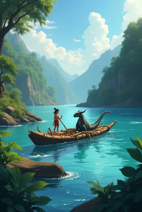  The first test
Together , Lila and Dragon Azul faced their first test: a mighty river.  Lila thought of a way to cross it and , with the help of Drago ,  built a raft with branches and leaves .