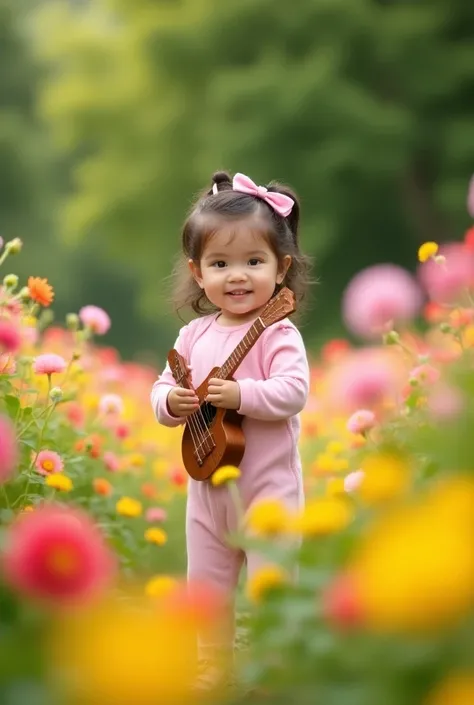 The image is of a young girl, probably around 2-, standing in a field of colorful flowers. She is wearing a pink onesie and has a pink bow in her hair. The girl is holding a ukulele in her hands and is smiling at the camera. The background is blurred, but ...