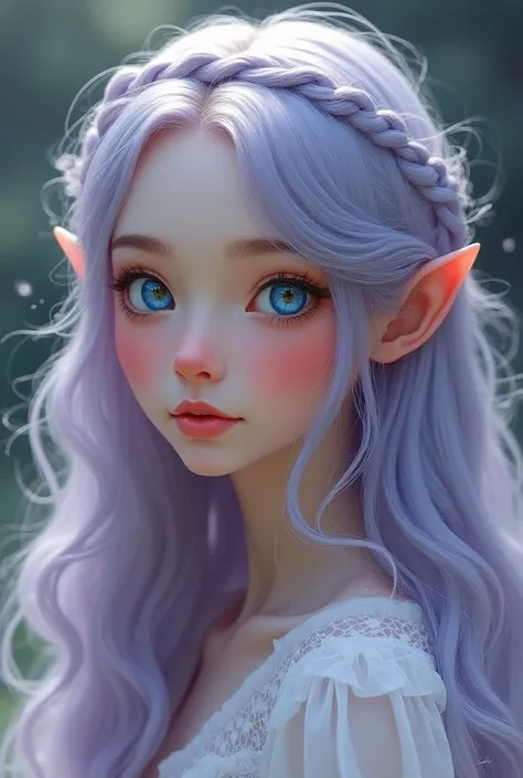 long, smooth and wavy ash gray hair with a slight lavender tint .  airiness and otherworldly quality, Waist length hair, shimmering with lavender shades, often loose or braided into complex braids.
Heart shaped face with a slightly pointed chin, softening ...