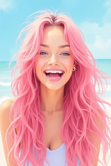 ((pastel、 watercolor style ))、1 woman, pink long hair. ,front, gradient blu eyes ,Laughter,happiness, The background is a clear day, Moderate Blur , Strong Vignette Masterpiece,Best Quality,Exquisite,8k, absurd, super detailed illustrations on white paper ...