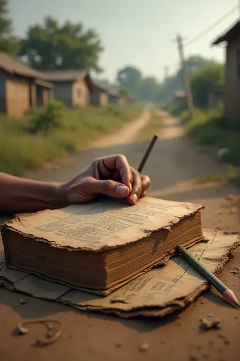 Close-up of Suraj’s hand holding a tattered book, with a worn-out pencil placed beside it on a dirt road. The background is a modest rural setting with small cottages and farmland. The scene reflects a sense of determination, despite limited resources.