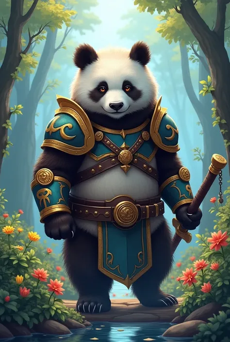 un ours panda avec de belles oreilles et une grande queue en armure paladin qui tient une épée de World of Warcraft  couleurs vives tourbillonnantes, végétation luxuriante, Reflets deau immobile, Pittoresque, idyllique, œuvre dart, meilleure qualité, 8k, e...