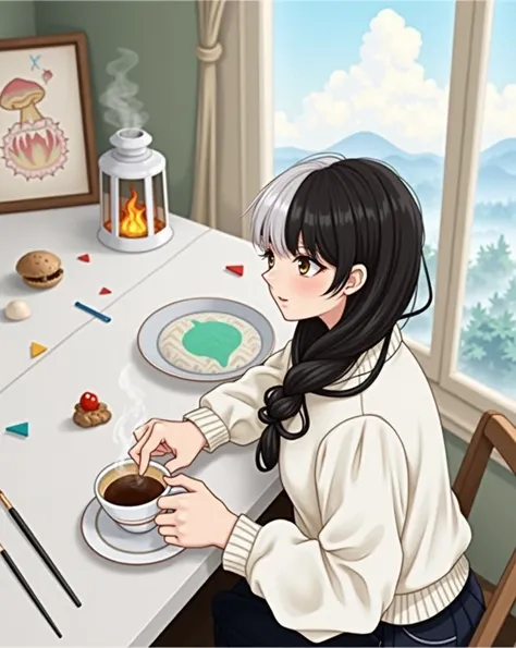 Woman sitting at table with dish on it and coffee cup, ❤🔥🍄🌪, Chiho,  white hime cut hairstyle , shikamimi, Bookmark,  princess cut, 🪔 🎨;🌞🌄,  she has black hair and bangs , Takemura Kimi, Ishida Sui with black hair