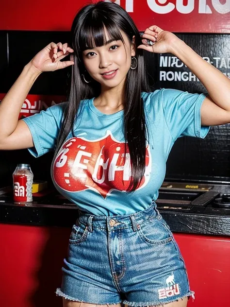 (asian Woman),(huge breasts:1.5),(slim waist:1.5),(she is wearing print t-shirt:1.3),(black hair),(blunt bangs:1.4),(straight hair:1.5),(Earrings),(She has a naughty smile on her face),top-quality,masutepiece,8K,Photorealsitic,highly detailed face,sharp an...