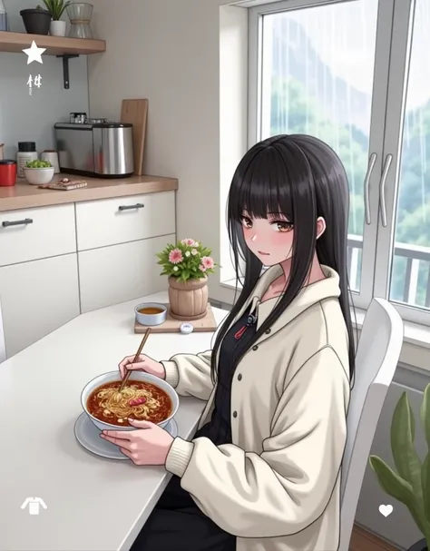 woman in white sweater  eats a plate of food in a kitchen,  anime girl in real life , ❤🔥🍄🌪,  white hime cut hairstyle , Chiho, shikamimi, Japanese maid cafe, Mukbang,  eats, Bookmark, It rains,  eats ramen,  she has black hair and bangs ,  princess cut