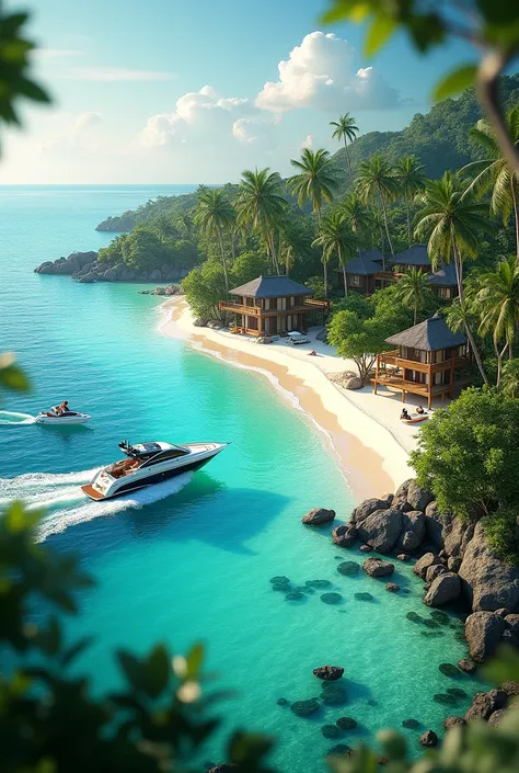 An island where there is a turquoise beach and where there are several medium-sized and elegant cabins and where there are yachts and jet skis in the sea