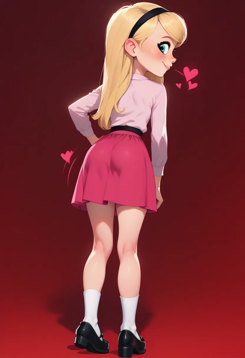 1girl, full body, solo, penny peterson, long hair, blue eyes, freckles, blonde hair, shirt, skirt, hairband, black hairband, whi...