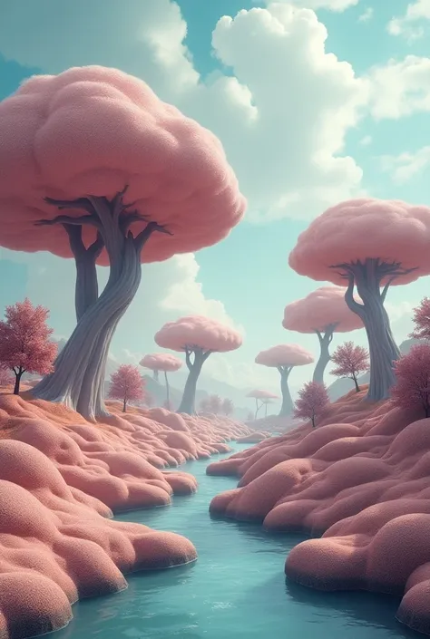 A surreal landscape  ,  tones where the trees are huge pacifiers of neutral colors that extend into the sky. The terrain is undulating and has cool , with a gently flowing candy river . the sky is full of clouds,   Small hills and rocks with unusual textur...