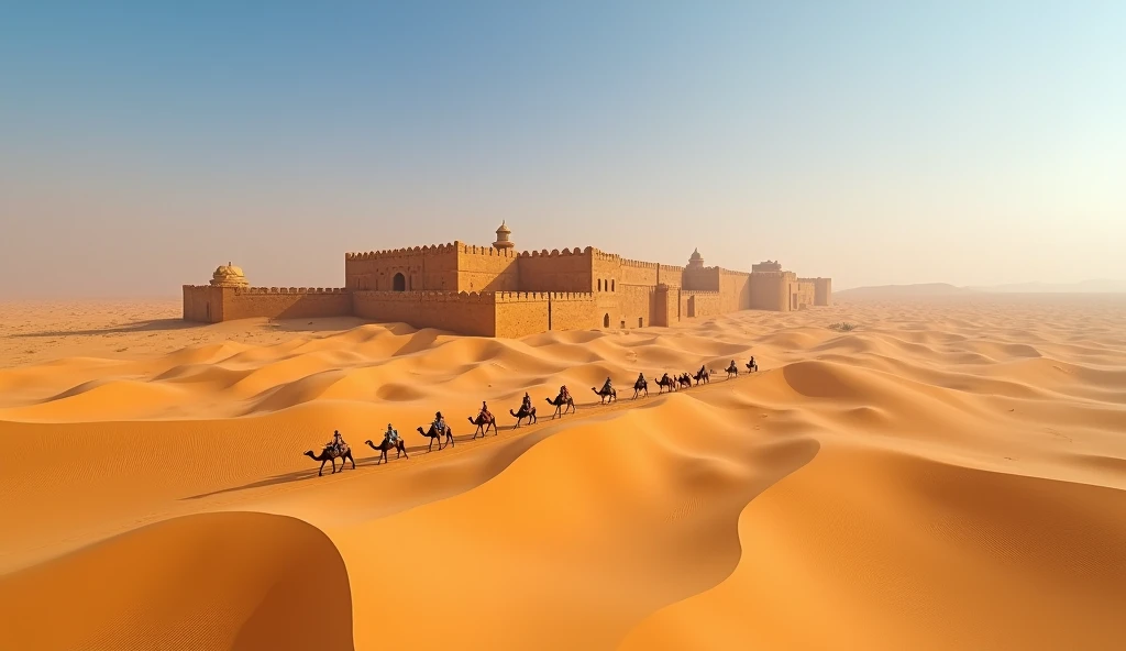 An aerial view of Rajasthan’s desert landscape with historical forts, sand dunes, and camels in the background