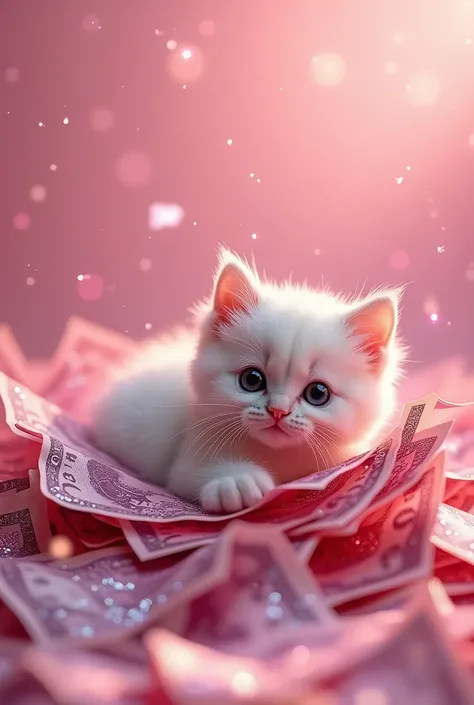 little kitten lies in pink money with glitter