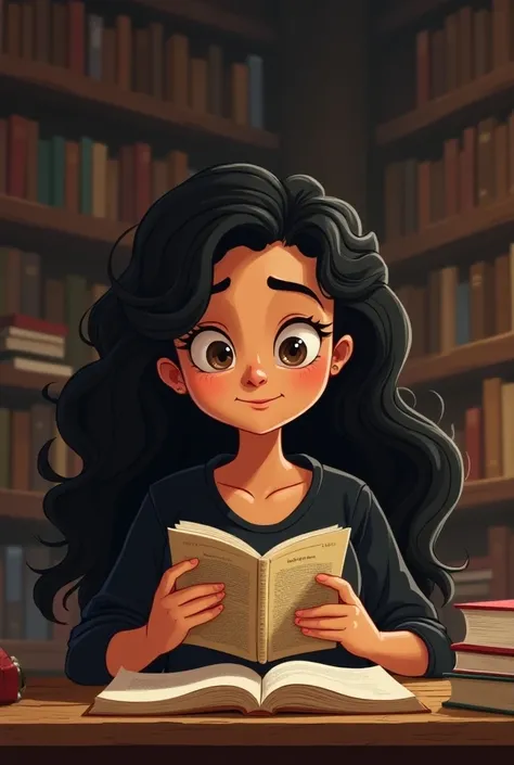  Cartoon of a woman studying for a contest,  40 years old , black hair, Long and curly,  brown eyes , nose a little wide, More square face, small bust, slightly overweight,  in a magical library , with the Federal Constitution in your hands. black clothes,...