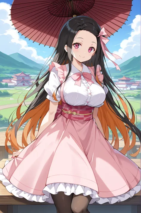 source_Cartoon, Morning Fragrance  ,    deep black hair with red ..很長Target髮, , 超長Target髮,  Pink Eyes, ribbon, Forehead ..ribbon, Kamado Nezuko,,  1 girl in , A brown , Ahead, 頭髮ribbon, common, long hair,  Black and Red Hair  ,  Pink Eyes, ,  pink nails , ...