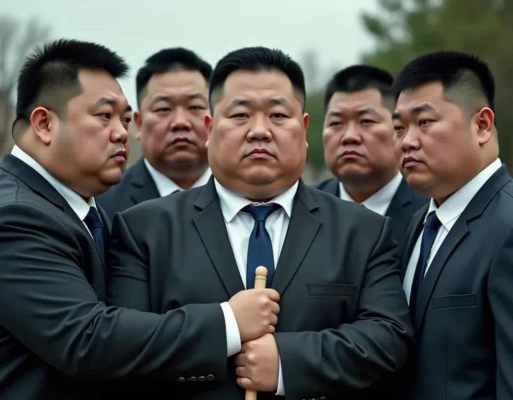  best quality ,  facial focus,  Ultra High Resolution , (Reality:1.4), RAW photo, Group of obese young male Chinese students in suits，Short hair flat head，Lips tightly closed，Dark blue tie、 have a serious expression ， facing the camera，Suburban，Hug each ot...