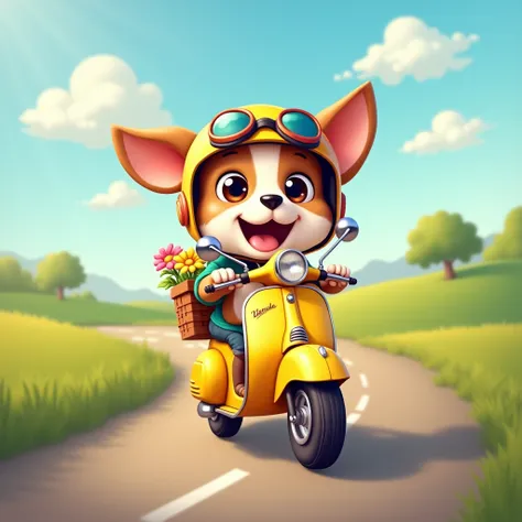 A whimsical scene of a cheerful cute dog riding a vintage scooter down a sunlit countryside road, with its ears flapping in the wind, wearing a retro helmet and goggles. The scooter is bright and colorful, with a basket full of flowers, and the surrounding...