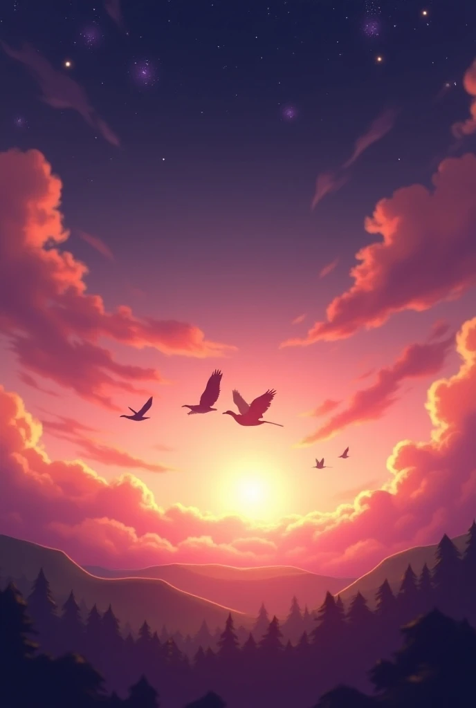 A mesmerizing space-themed animation scene with a warm sunset casting a golden glow over the horizon. The sky is filled with an array of birds in flight, silhouetted against a blend of cosmic colors like deep purples, soft pinks, and fiery oranges. Stars a...