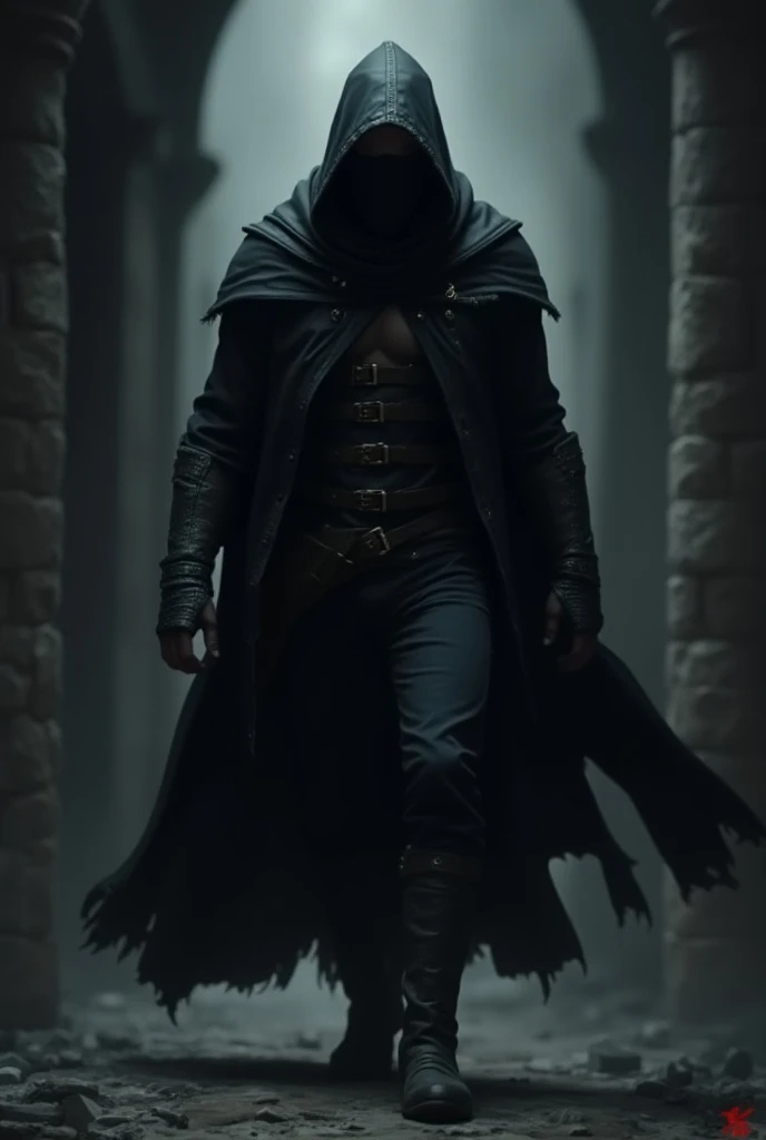  a white man, with a hood and mask .  He is a rogue from DND 5th edition