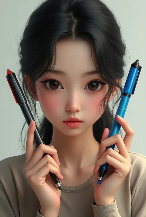 A girl holding black and blue pen in her aopposite hand
