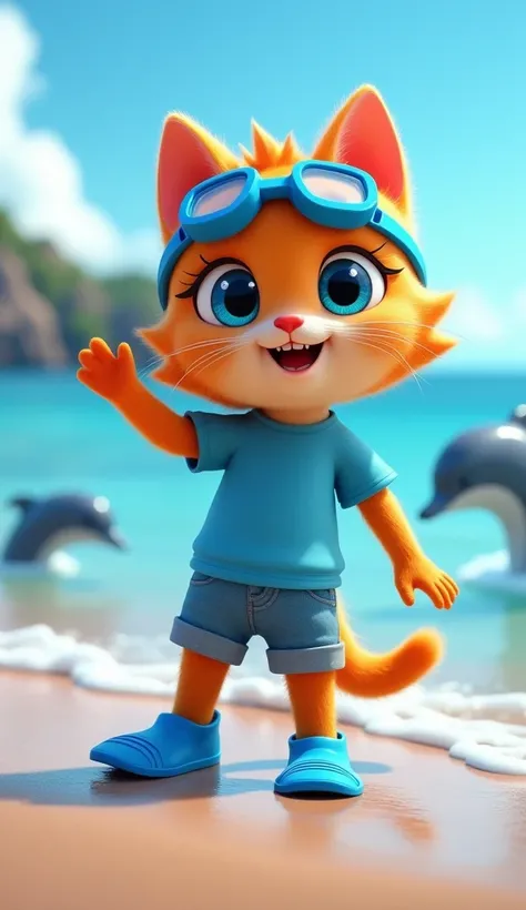 Character Name, Age and Gender: Orange Cat Kabcha, , female
  Hair style, facial details or character origin: blue eyes that sparkle with happiness
  Outerwear: Blue diving mask and blue short-sleeved shirt
  Underwear: Blue shorts
  Shoes: Blue flippers o...