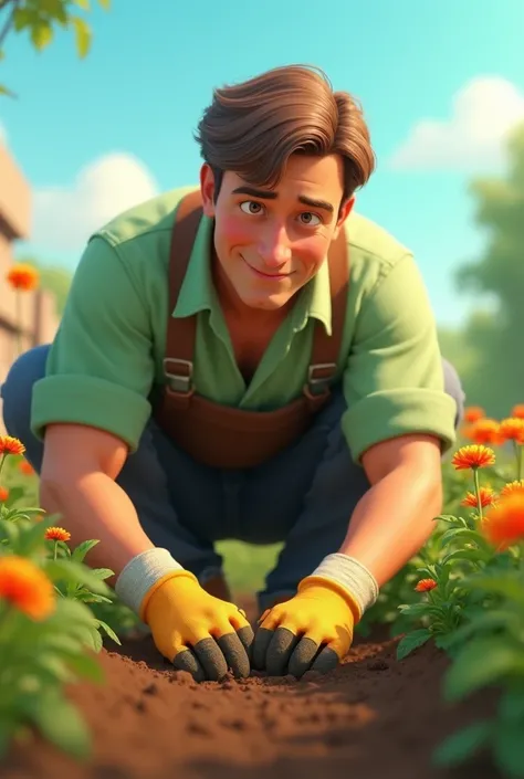  Create a Disney Pixar style close-up of a middle-aged man with short brown hair, wearing a light green shirt and gardening gloves, kneeling in a colorful garden. The garden is lush with a variety of flowers and vegetables. The man is planting seeds in the...