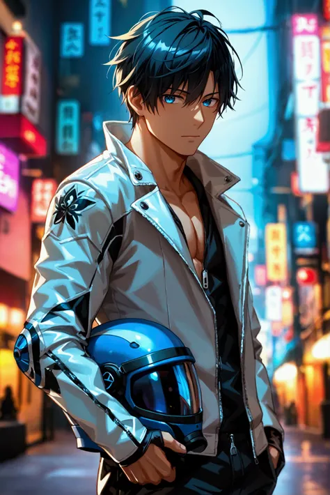 Full body view of an anime male spy, with blue eyes and black irises, 26 year old, 190cm tall, 120kg very muscular body. He is wearing a white motorcycle jacket, unzipped and with a dark shirt underneath, black leather pants and holding a dark-blue helmet ...