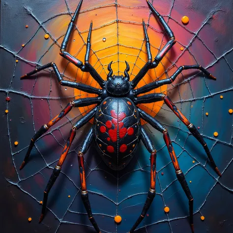 A captivating oil painting with a textured surface, showcasing an original design inspired by Picasso and Alonzo. The focal point is a lethal black widow spider, intricately woven with sharp details. It is perched on a delicate yet sinister web, surrounded...