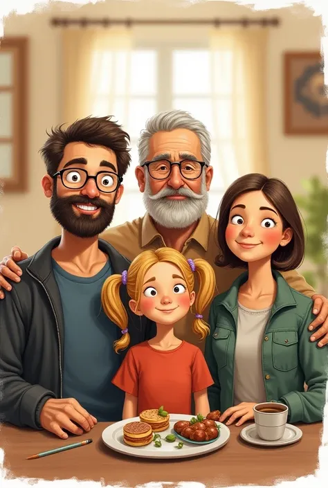  Generate freehand drawing of a  blonde girl with 2 pigtails ,  his bearded father  , her young brown-haired mother  , her blond-haired grandmother  ,  her grandpa with glasses and her 30-year-old brown-haired aunt 