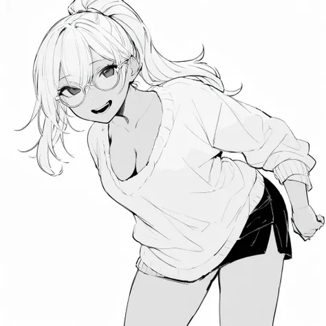 masterpiece, best quality, monochrome, lineart, (1 girl:1.2), solo, 20 years old, long-ponytail, white hair, black eyes, (roll up long sleeve), (white baggy sweater:1.1),(cleavage:1.1), (wearing sweater diagonally:1.1),hair between eyes, mini-skirt, circle...