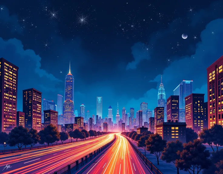 image of a city at night with a starry sky as if it were a color drawing