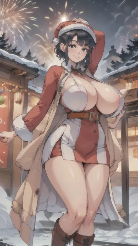 1 girl, Looking at the snow-covered amusement park,woman in Santa Claus costume standing with legs apart, very Bigger breasts, ((Santa Claus miniskirt costume and hat)), (Wearing:red mini dress trimmed with white fur, Thick black belt, Long Red Leather Boo...