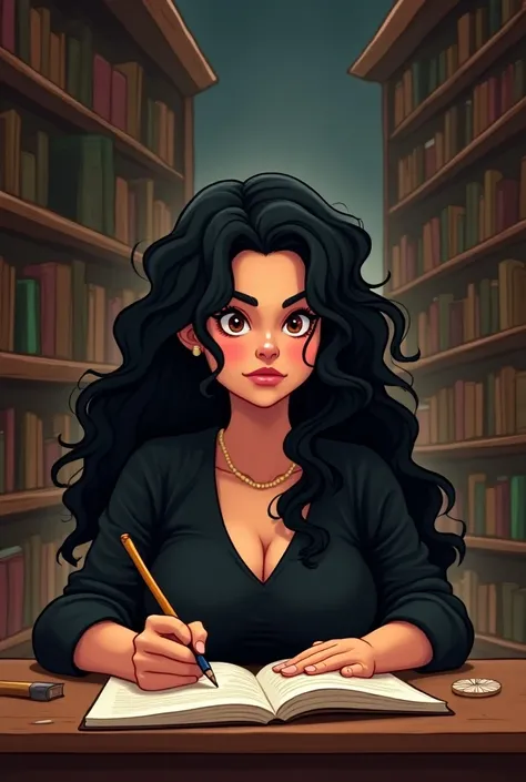  Cartoon of a woman studying for a contest,  40 years old , black hair, Long and curly,  brown eyes , nose a little wide, More square face. small bust. slightly overweight,  in a magical library , With pen in hand , black clothes,  messy hair and a challen...