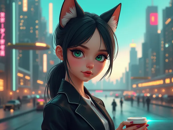 Make the eyes dark green snd smaller, thinner lips and light makeup. Make a detailed background based on the fact that i love technilogy, cats and coffee. I dress up bussines and in black 