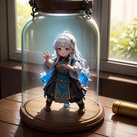 Here is a dwarf girl seen from inside a transparent bottle half filled with water、 Glass Chest、Glass Hand 