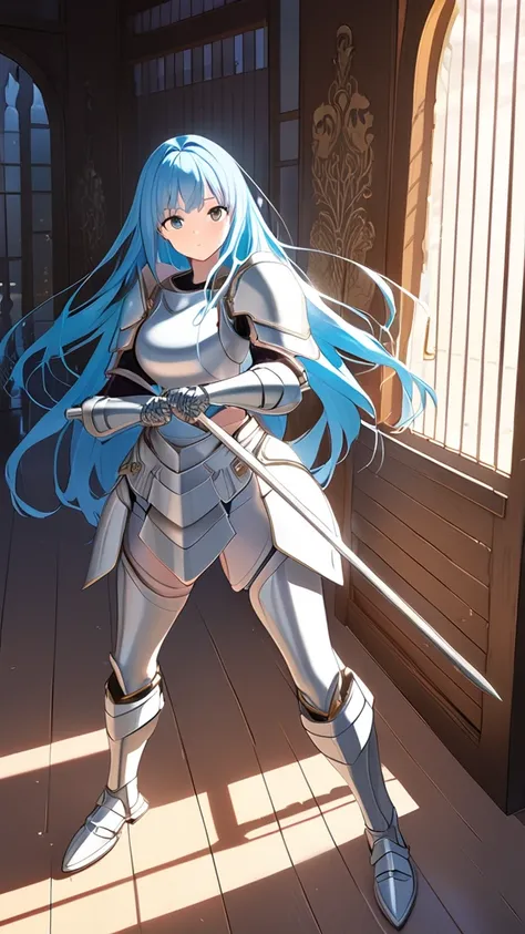 1 girl, ( cute face),  long hair, Wave Style,  Fantasy Guards ,  Plate Armor , Combat Uniform,  With Spears in Their Hands ,  medium breasts,  Confident Expression ,  Pottery Skin , A courageous stance, break, Morning Light, ( bright light:1.2), Soft Shado...