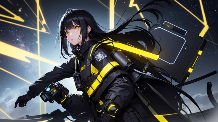 from future intelligence, technology background, complex mission, sudden mystery, unexpected result, unknown variables, strange data, confident look, space black pioneer dress, yellow eyes, black hair