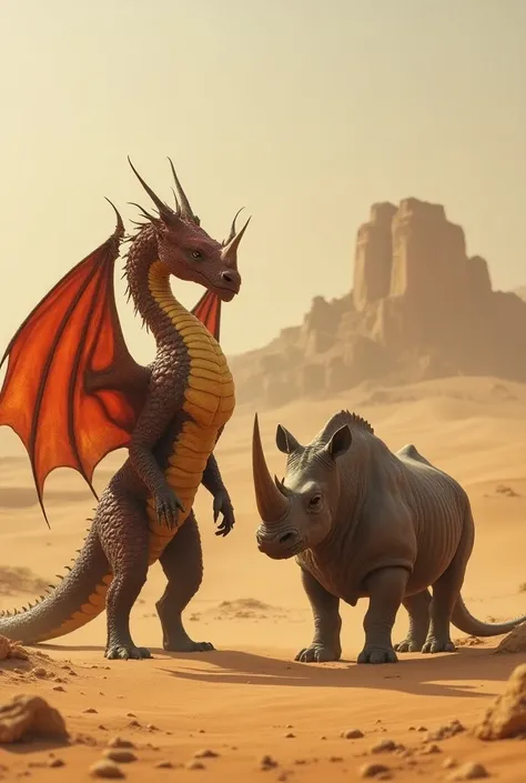 Dragon and rhinoceros standing. background desert