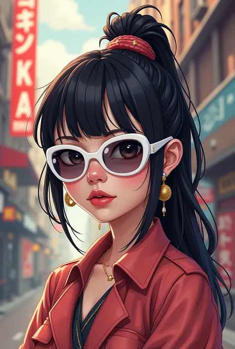 Asia girl with power white 
sunglass with middle hair
As cartoon
