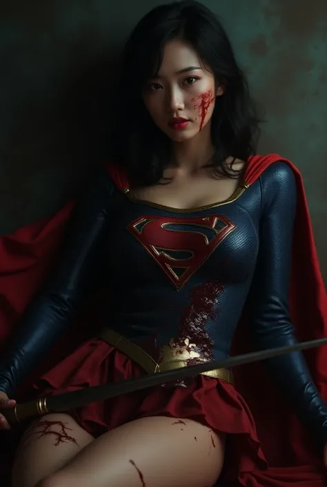 A beautiful Asian woman, Supergirl, miniskirt, suffering expression, crying, heavy bleeding from her thighs, sword piercing her thigh, man stabbing her thigh with a sword,(best quality,4k,8k,highres,masterpiece:1.2),ultra-detailed,(realistic,photorealistic...