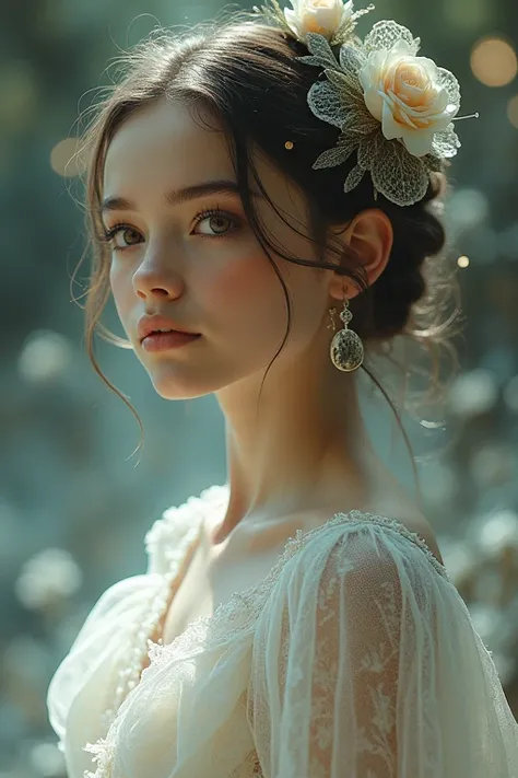  Fed image of a girl wearing a white lace dress with notes of Leonardo da Vinci in the background,  impressive young and ethereal figure , portrait of a magical girl ,  portrait of a young witch  girl, Girl in steampunk clothes, Musician girl in lace cloth...