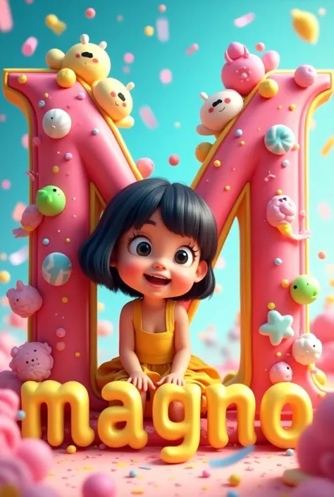 make A cinematic 3D illustration of a young happy girl with short shiny black hair. She is wearing a yellow dress and sitting beside a large, rens-style letter M adorned with vibrant, different colorful candies, sweets, and treats. There is falling colorfu...