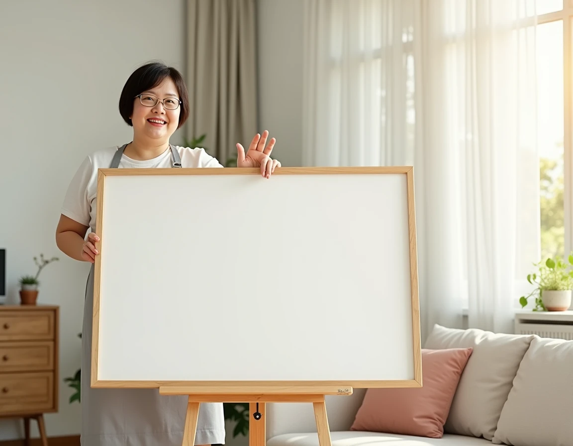 Please generate a real photographic image. Bright living room interior with a pot of green plants. There is a wooden easel with a large white drawing board on it. The front of the drawing board faces the camera. Draw a hand on the drawing board, palm facin...