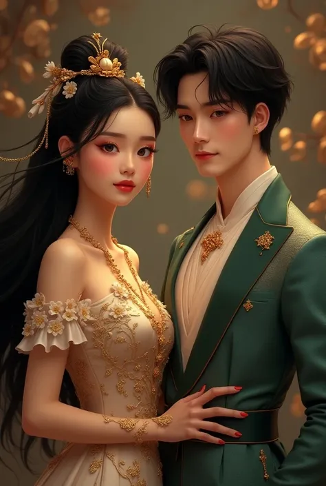  Realistic Magic High Details ,  9k couple Sven, handsome man with short hair and woman with flowing long hair, attractive red lips, (Perfect chin) Standing in a sparkling dress , PERFECT SET , Dragon Scale,   GOLD JEWELRY NECKLACE  ,  Flowy Black Hair ,  ...