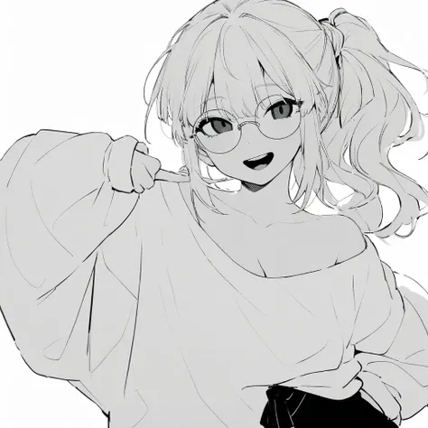 masterpiece, best quality, monochrome, lineart, (1 girl:1.2), solo, 20 years old, long-ponytail, white hair, black eyes, (roll up long sleeve), (white baggy sweater:1.1),(cleavage:1.1), (wearing sweater diagonally:1.1),hair between eyes, black pants, circl...